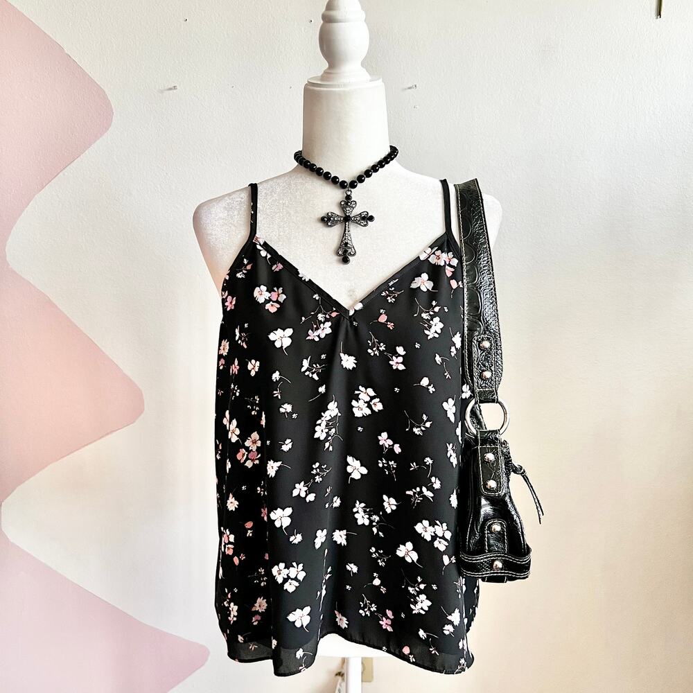 Black Floral Cami Tank Top, Gothic Whimsigoth Coquette Grunge Indie Sleaze Large